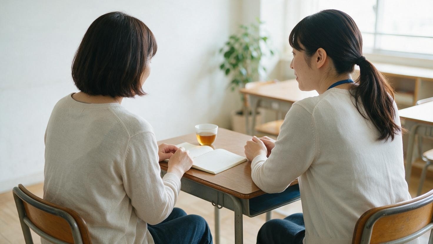 保護者と面談する教室の先生