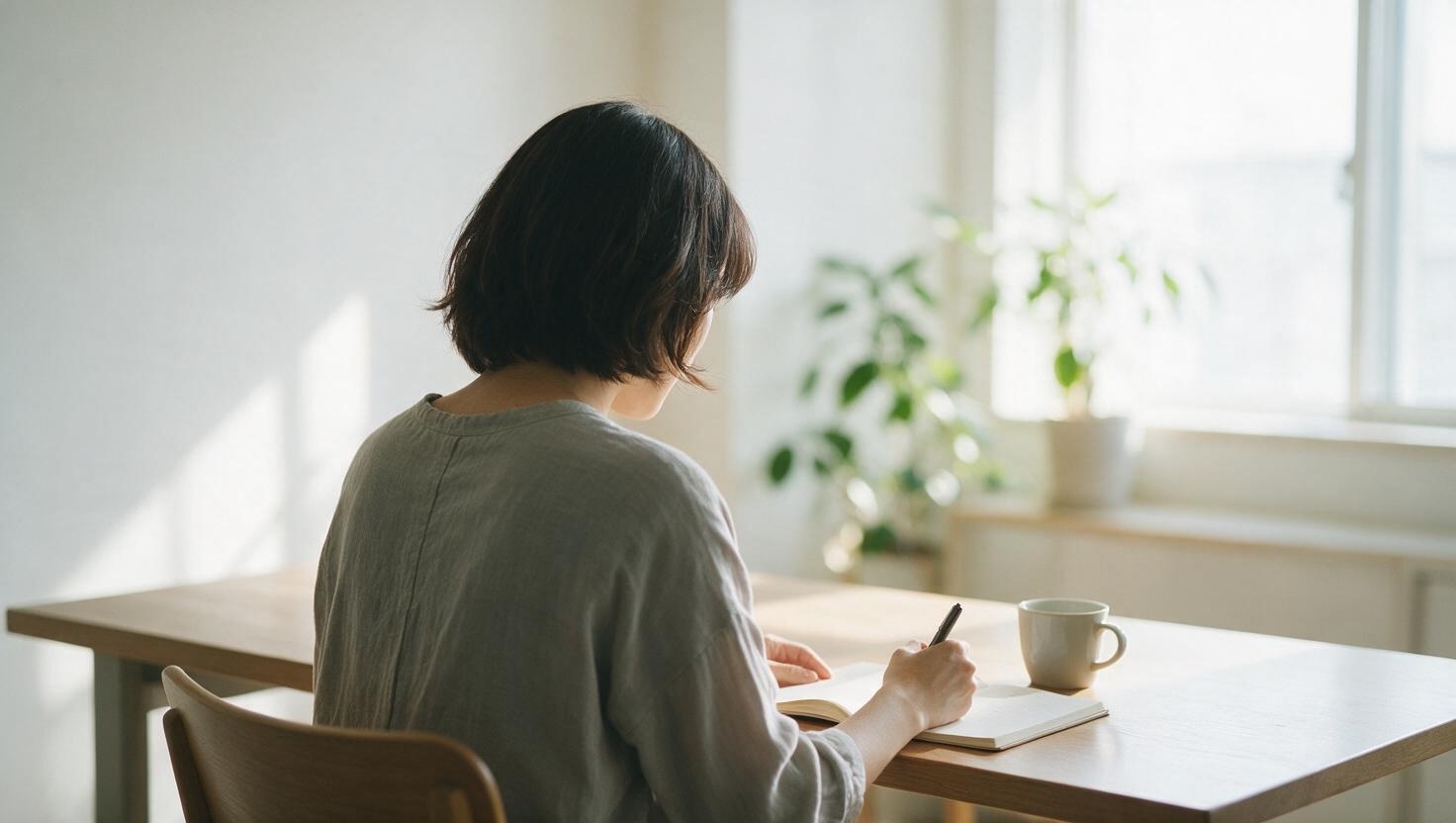 ノートに向かって考える先生の後ろ姿