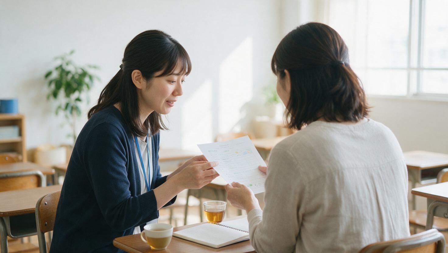 保護者に資料を渡して説明する先生